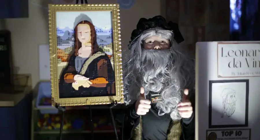 Lower school students dressed as Leonardo DaVinci during the living wax museum